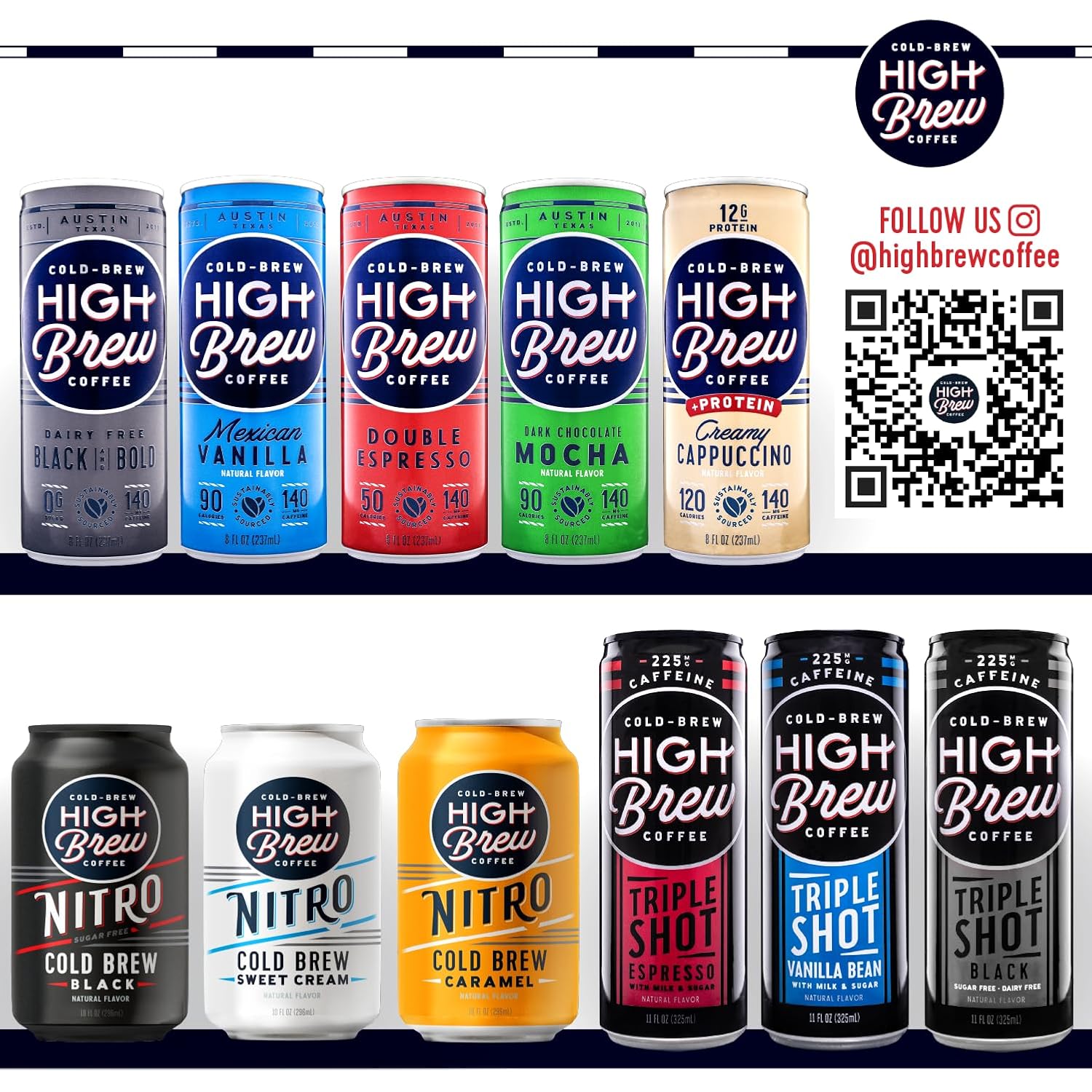 High Brew Coffee, Cold Brew Coffee, Double Espresso, 8 Fl Oz, Ready-To-Drink (Pack of 12)