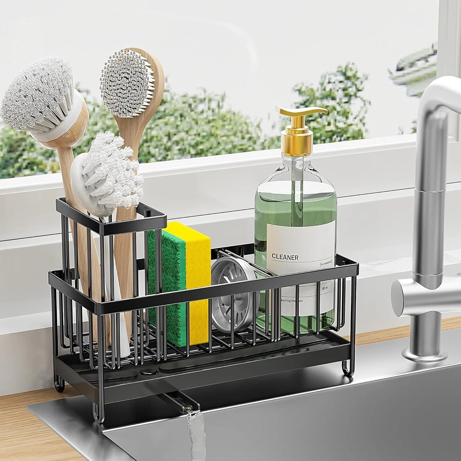 Cisily Black Sponge Holder for Kitchen Sink and organizer with High Brush
